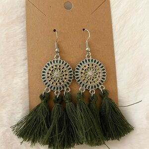 Green Fringe Medallion Hook Earrings
